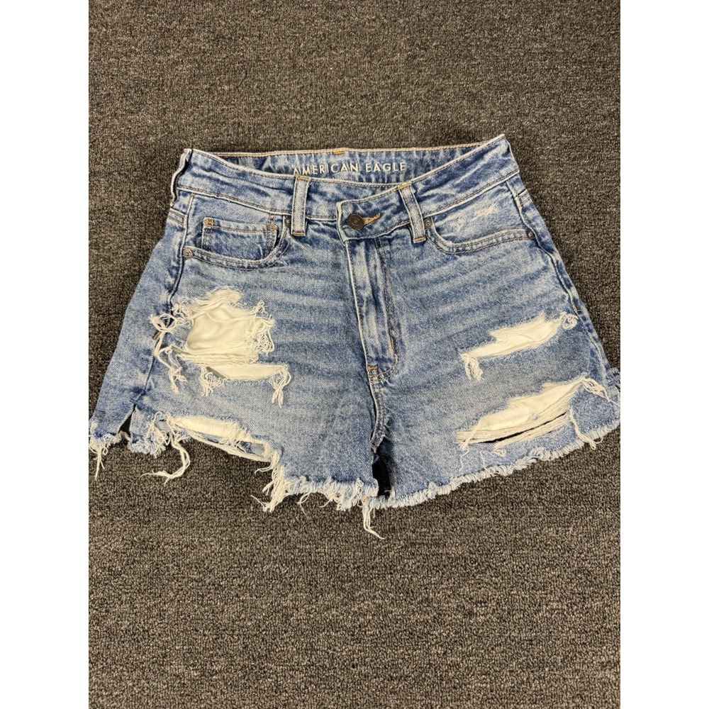 American Eagle Women Denim Shorts 0 Blue Strigid Distressed Cut Off High Rise